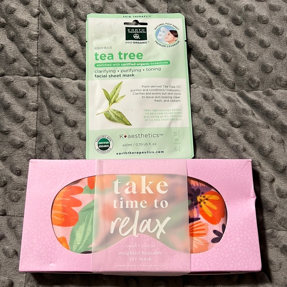 Relaxation self car bundle weighted heatable eye mask with tea tree facial mask